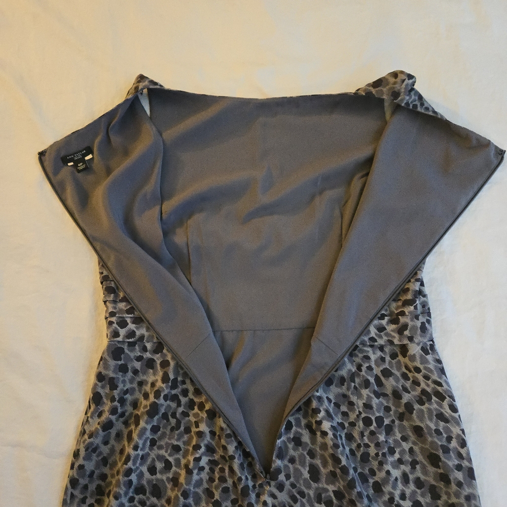 Ann Taylor Silk Black Grey Abstract Leopard Print Midi Sheath Dress CW3 - Picture 9 of 10